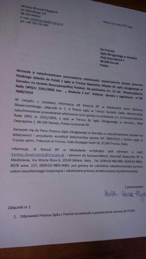 [VIDEO] Un passo avanti  sul bambino polacco in Italia! Il Presidente del Tribunale di Treviso Dott. Aurelio Gatto propone il trasferimento della causa al  Tribunale di Sieradz!